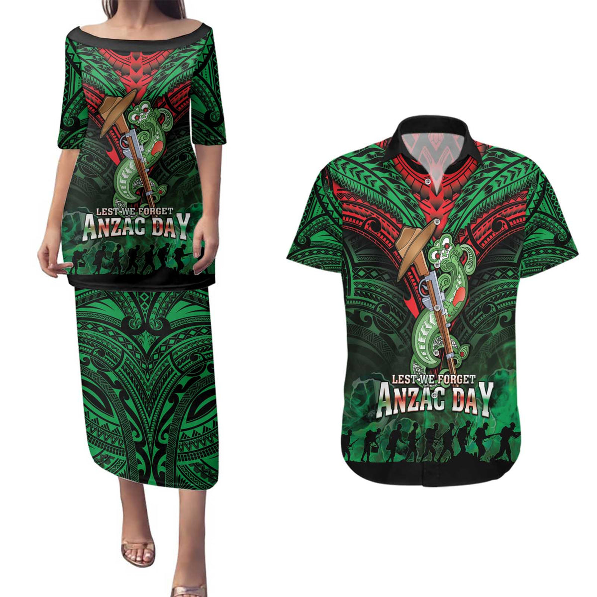New Zealand ANZAC Day Couples Matching Puletasi and Hawaiian Shirt Aotearoa Hei Tiki