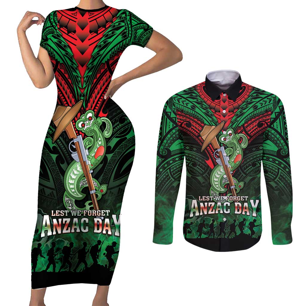 New Zealand ANZAC Day Couples Matching Short Sleeve Bodycon Dress and Long Sleeve Button Shirt Aotearoa Hei Tiki