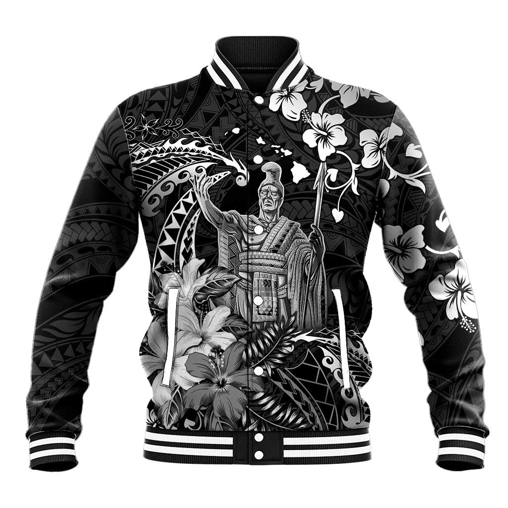Hawaii King Kamehameha Day Baseball Jacket Polynesian Pattern Mix Hibiscus Black LT05 Unisex Black - Polynesian Pride