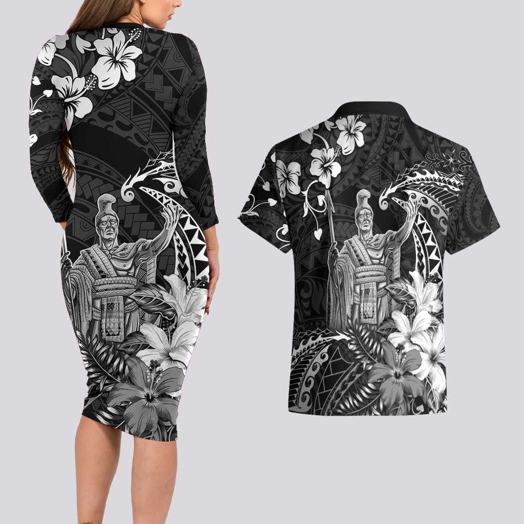 Hawaii King Kamehameha Day Couples Matching Long Sleeve Bodycon Dress and Hawaiian Shirt Polynesian Pattern Mix Hibiscus Black LT05 - Polynesian Pride