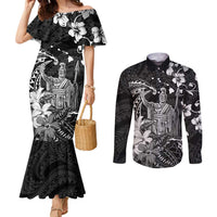 Hawaii King Kamehameha Day Couples Matching Mermaid Dress and Long Sleeve Button Shirt Polynesian Pattern Mix Hibiscus Black LT05 Black - Polynesian Pride