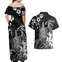 Hawaii King Kamehameha Day Couples Matching Off Shoulder Maxi Dress and Hawaiian Shirt Polynesian Pattern Mix Hibiscus Black LT05 - Polynesian Pride