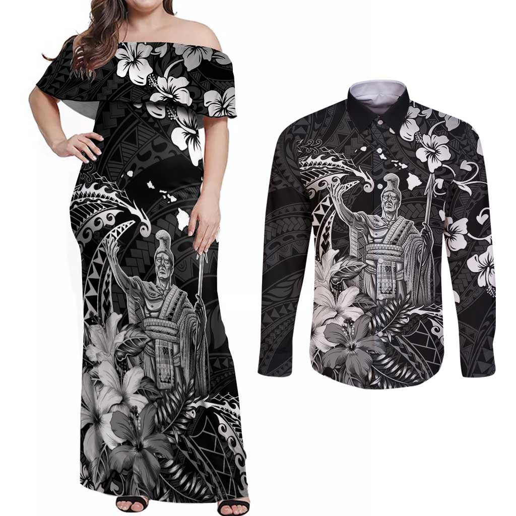 Hawaii King Kamehameha Day Couples Matching Off Shoulder Maxi Dress and Long Sleeve Button Shirt Polynesian Pattern Mix Hibiscus Black LT05 Black - Polynesian Pride