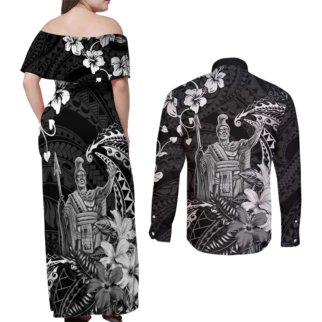 Hawaii King Kamehameha Day Couples Matching Off Shoulder Maxi Dress and Long Sleeve Button Shirt Polynesian Pattern Mix Hibiscus Black LT05 - Polynesian Pride