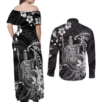Hawaii King Kamehameha Day Couples Matching Off Shoulder Maxi Dress and Long Sleeve Button Shirt Polynesian Pattern Mix Hibiscus Black LT05 - Polynesian Pride