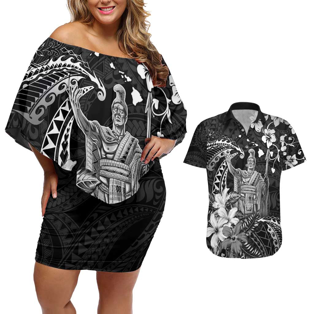 Hawaii King Kamehameha Day Couples Matching Off Shoulder Short Dress and Hawaiian Shirt Polynesian Pattern Mix Hibiscus Black LT05 Black - Polynesian Pride