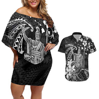 Hawaii King Kamehameha Day Couples Matching Off Shoulder Short Dress and Hawaiian Shirt Polynesian Pattern Mix Hibiscus Black LT05 Black - Polynesian Pride