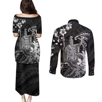 Hawaii King Kamehameha Day Couples Matching Puletasi and Long Sleeve Button Shirt Polynesian Pattern Mix Hibiscus Black