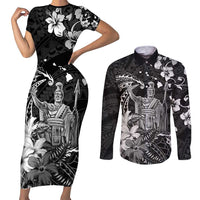 Hawaii King Kamehameha Day Couples Matching Short Sleeve Bodycon Dress and Long Sleeve Button Shirt Polynesian Pattern Mix Hibiscus Black LT05 Black - Polynesian Pride