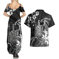 Hawaii King Kamehameha Day Couples Matching Summer Maxi Dress and Hawaiian Shirt Polynesian Pattern Mix Hibiscus Black LT05 - Polynesian Pride