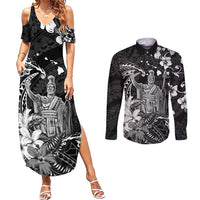 Hawaii King Kamehameha Day Couples Matching Summer Maxi Dress and Long Sleeve Button Shirt Polynesian Pattern Mix Hibiscus Black