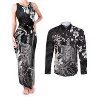 Hawaii King Kamehameha Day Couples Matching Tank Maxi Dress and Long Sleeve Button Shirt Polynesian Pattern Mix Hibiscus Black LT05 Black - Polynesian Pride