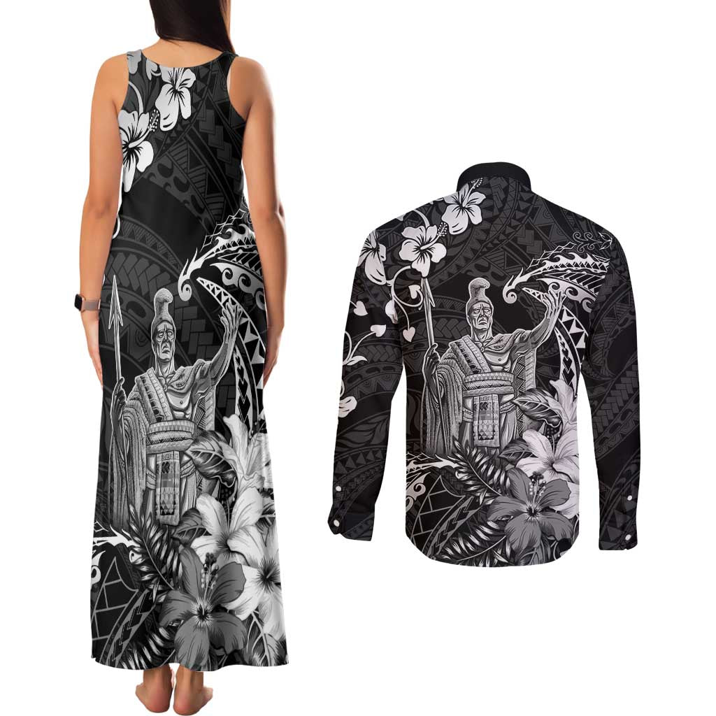 Hawaii King Kamehameha Day Couples Matching Tank Maxi Dress and Long Sleeve Button Shirt Polynesian Pattern Mix Hibiscus Black LT05 - Polynesian Pride