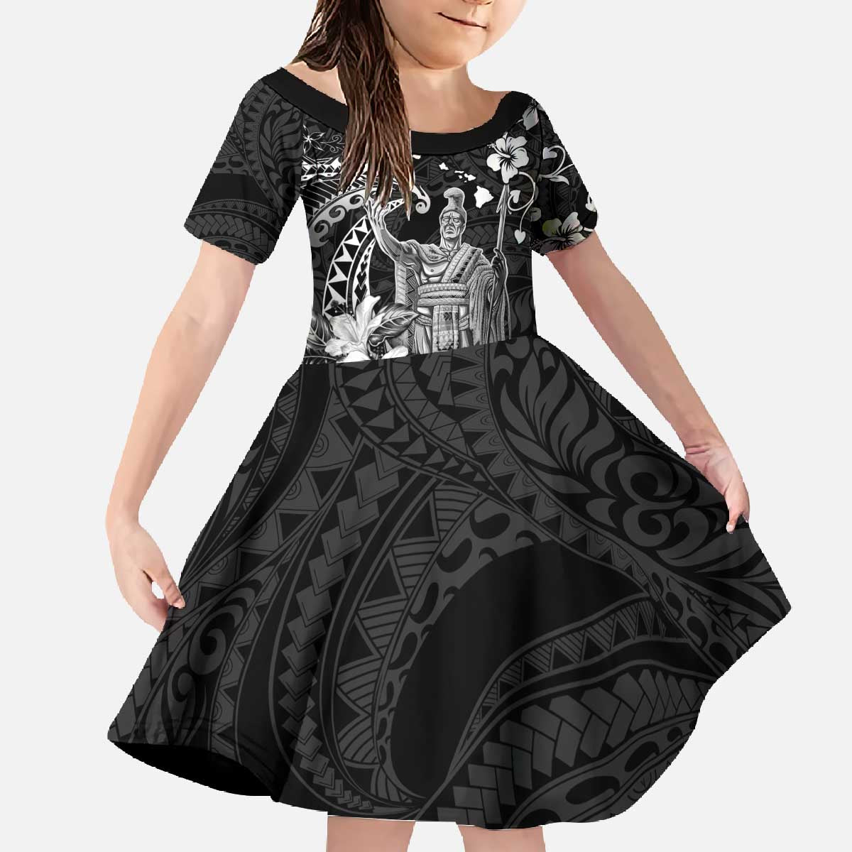 Hawaii King Kamehameha Day Family Matching Off The Shoulder Long Sleeve Dress and Hawaiian Shirt Polynesian Pattern Mix Hibiscus Black