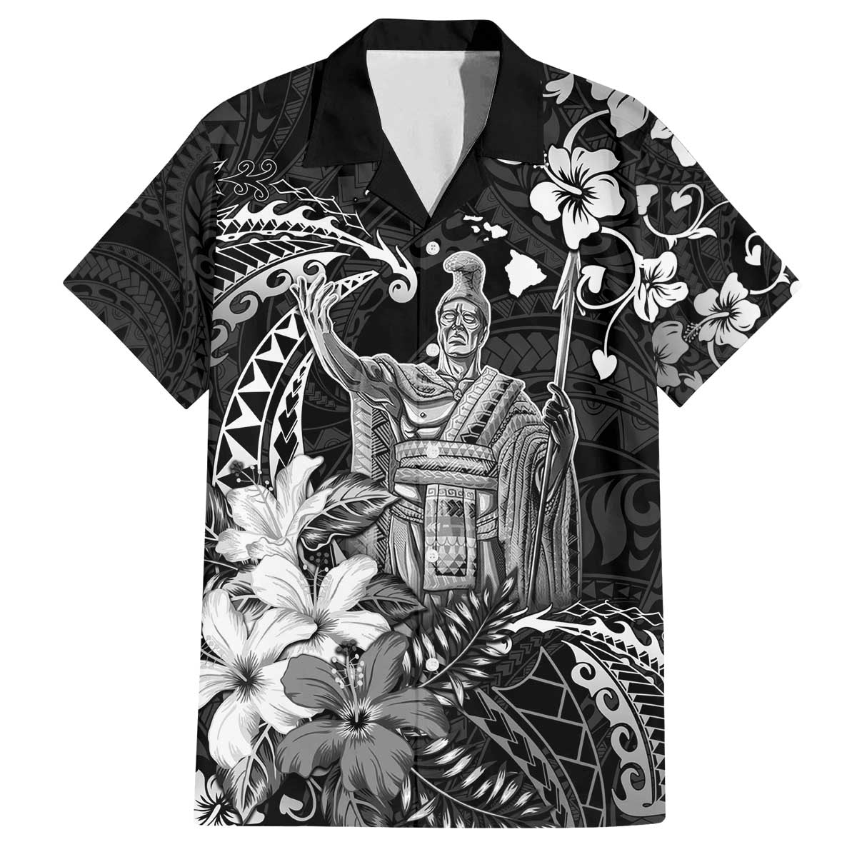 Hawaii King Kamehameha Day Family Matching Off The Shoulder Long Sleeve Dress and Hawaiian Shirt Polynesian Pattern Mix Hibiscus Black
