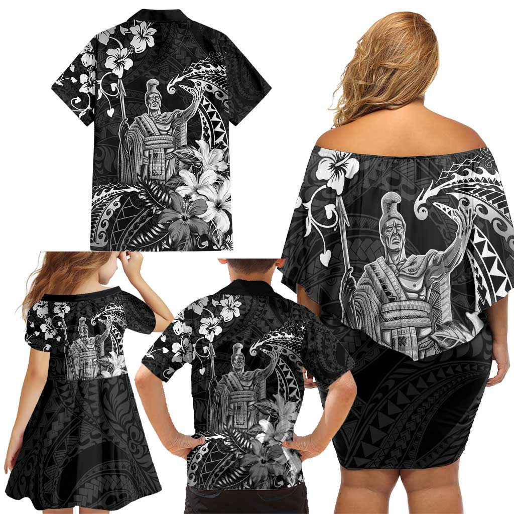 Hawaii King Kamehameha Day Family Matching Off Shoulder Short Dress and Hawaiian Shirt Polynesian Pattern Mix Hibiscus Black