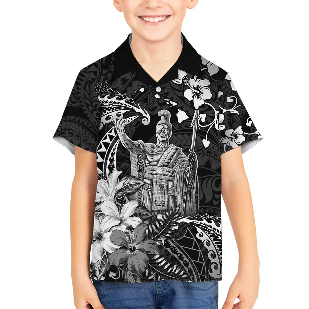 Hawaii King Kamehameha Day Family Matching Off Shoulder Short Dress and Hawaiian Shirt Polynesian Pattern Mix Hibiscus Black