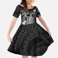 Hawaii King Kamehameha Day Family Matching Short Sleeve Bodycon Dress and Hawaiian Shirt Polynesian Pattern Mix Hibiscus Black