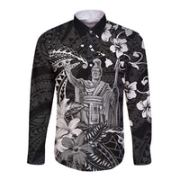 Hawaii King Kamehameha Day Long Sleeve Button Shirt Polynesian Pattern Mix Hibiscus Black LT05 Unisex Black - Polynesian Pride