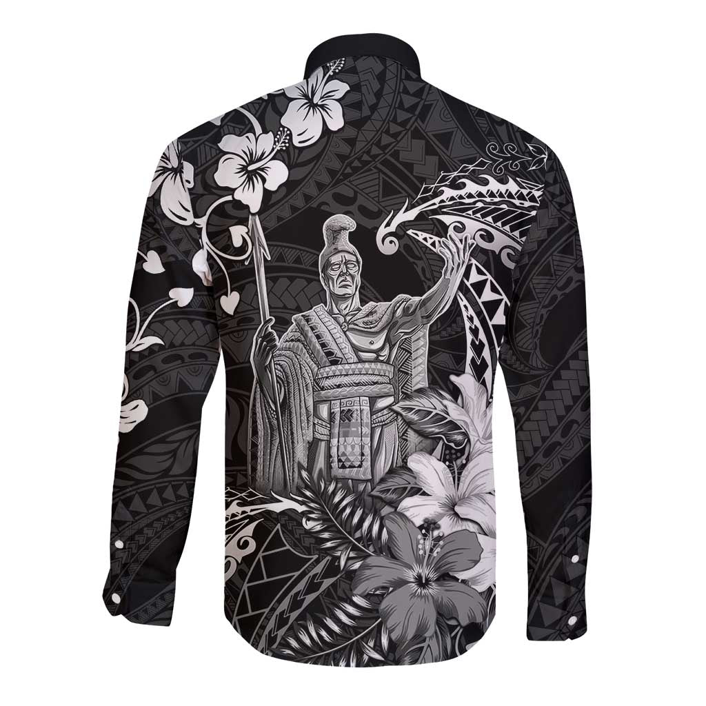 Hawaii King Kamehameha Day Long Sleeve Button Shirt Polynesian Pattern Mix Hibiscus Black LT05 - Polynesian Pride