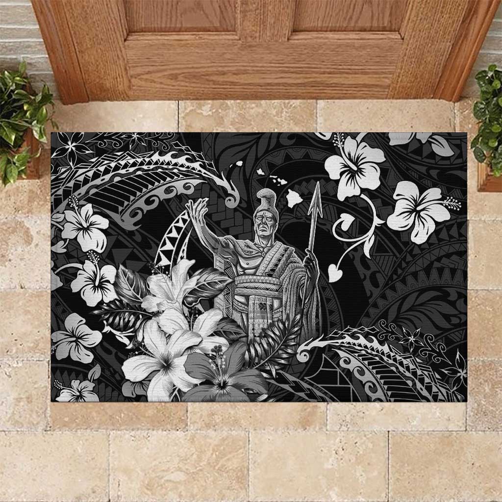 Hawaii King Kamehameha Day Rubber Doormat Polynesian Pattern Mix Hibiscus Black LT05 Black - Polynesian Pride
