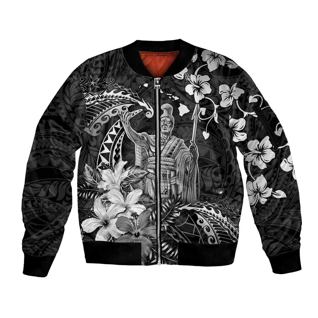 Hawaii King Kamehameha Day Sleeve Zip Bomber Jacket Polynesian Pattern Mix Hibiscus Black LT05 Unisex Black - Polynesian Pride