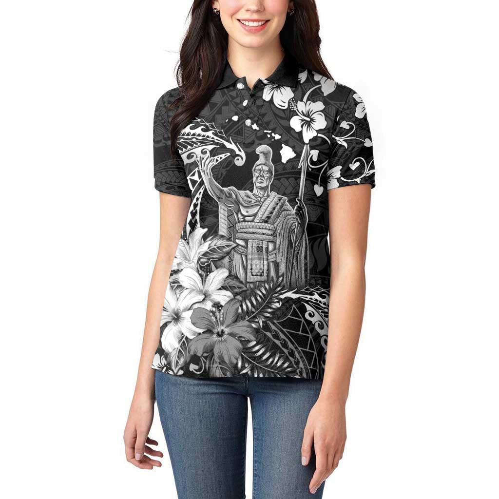 Hawaii King Kamehameha Day Women Polo Shirt Polynesian Pattern Mix Hibiscus Black