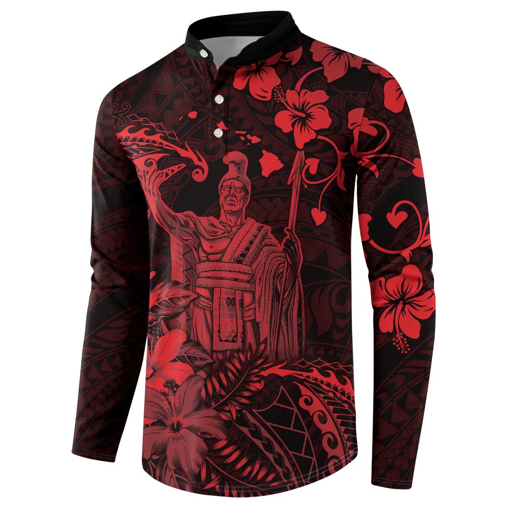 Hawaii King Kamehameha Day Button Sweatshirt Polynesian Pattern Mix Hibiscus Red LT05 - Polynesian Pride