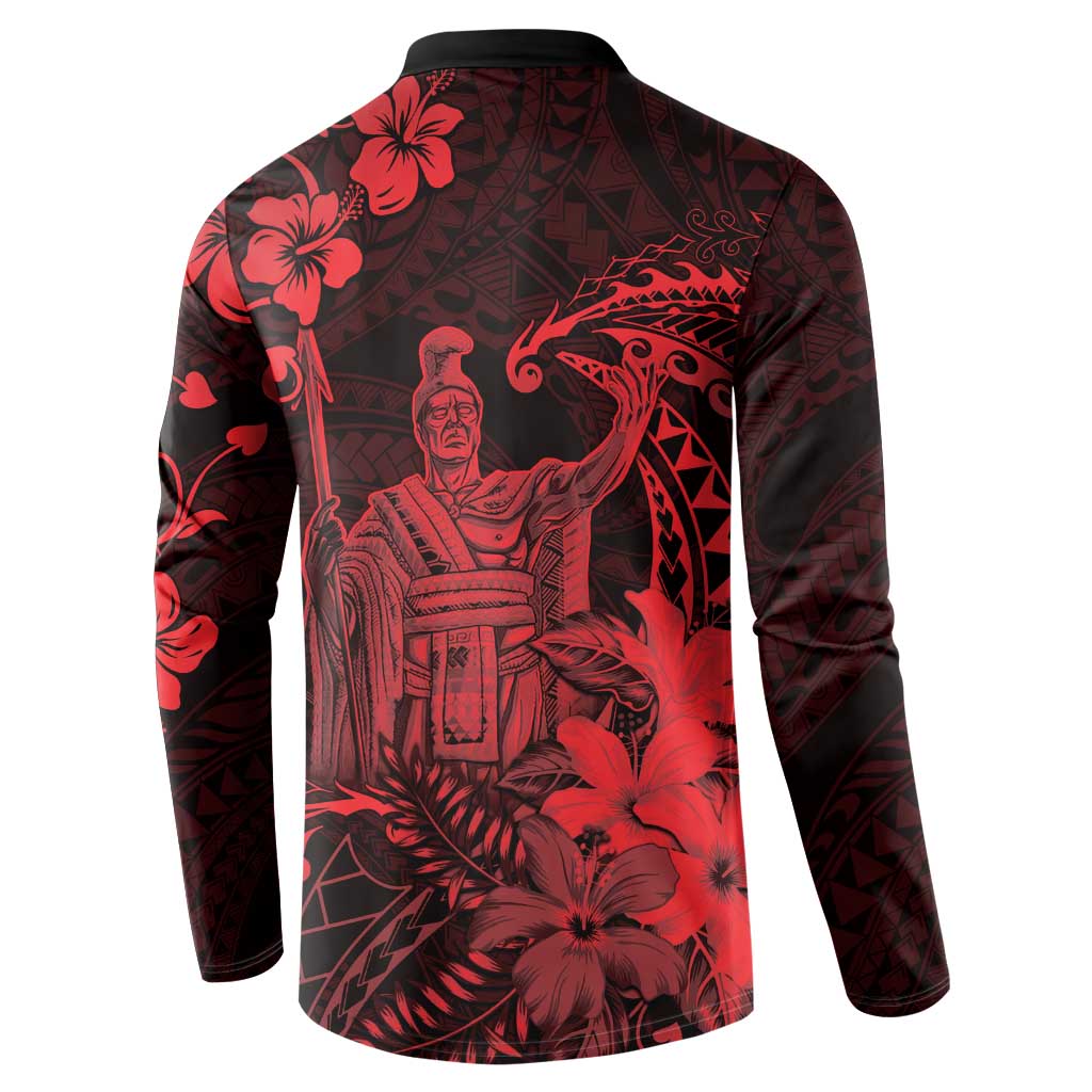 Hawaii King Kamehameha Day Button Sweatshirt Polynesian Pattern Mix Hibiscus Red LT05 - Polynesian Pride