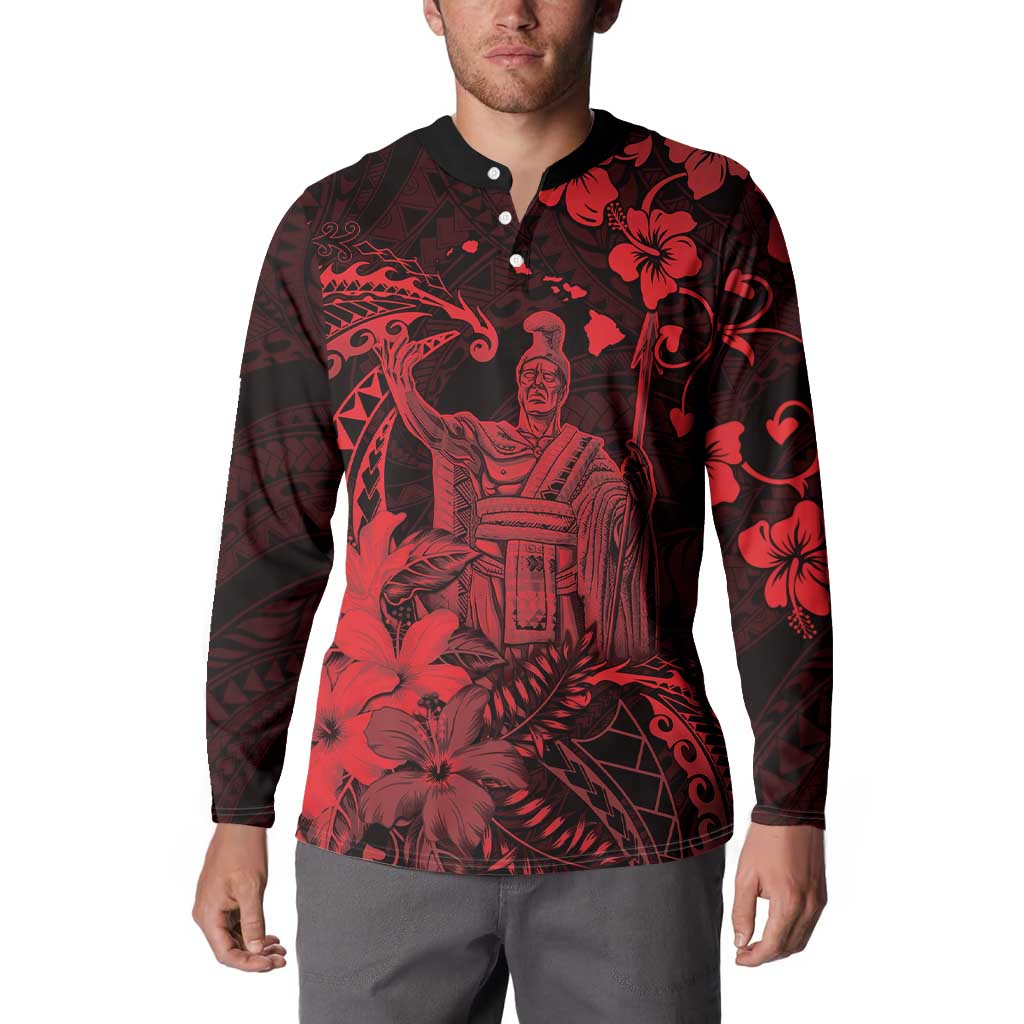 Hawaii King Kamehameha Day Button Sweatshirt Polynesian Pattern Mix Hibiscus Red LT05 - Polynesian Pride