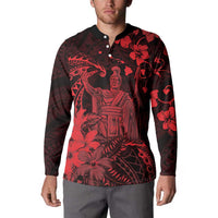 Hawaii King Kamehameha Day Button Sweatshirt Polynesian Pattern Mix Hibiscus Red LT05 - Polynesian Pride
