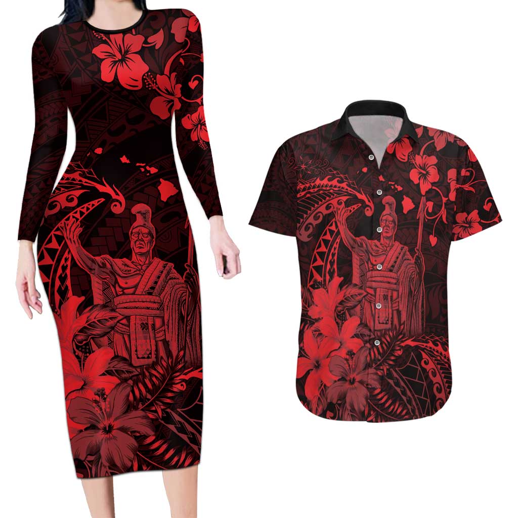 Hawaii King Kamehameha Day Couples Matching Long Sleeve Bodycon Dress and Hawaiian Shirt Polynesian Pattern Mix Hibiscus Red LT05 Red - Polynesian Pride