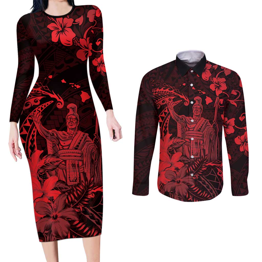 Hawaii King Kamehameha Day Couples Matching Long Sleeve Bodycon Dress and Long Sleeve Button Shirt Polynesian Pattern Mix Hibiscus Red LT05 Red - Polynesian Pride