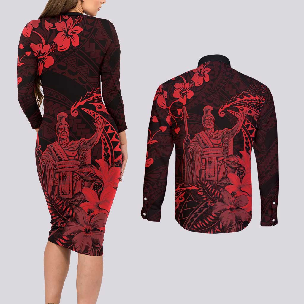 Hawaii King Kamehameha Day Couples Matching Long Sleeve Bodycon Dress and Long Sleeve Button Shirt Polynesian Pattern Mix Hibiscus Red LT05 - Polynesian Pride