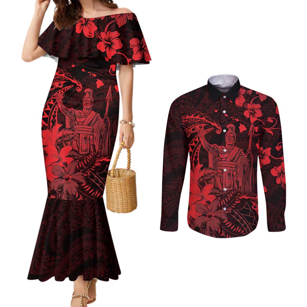 Hawaii King Kamehameha Day Couples Matching Mermaid Dress and Long Sleeve Button Shirt Polynesian Pattern Mix Hibiscus Red LT05 Red - Polynesian Pride