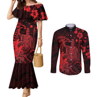 Hawaii King Kamehameha Day Couples Matching Mermaid Dress and Long Sleeve Button Shirt Polynesian Pattern Mix Hibiscus Red LT05 Red - Polynesian Pride