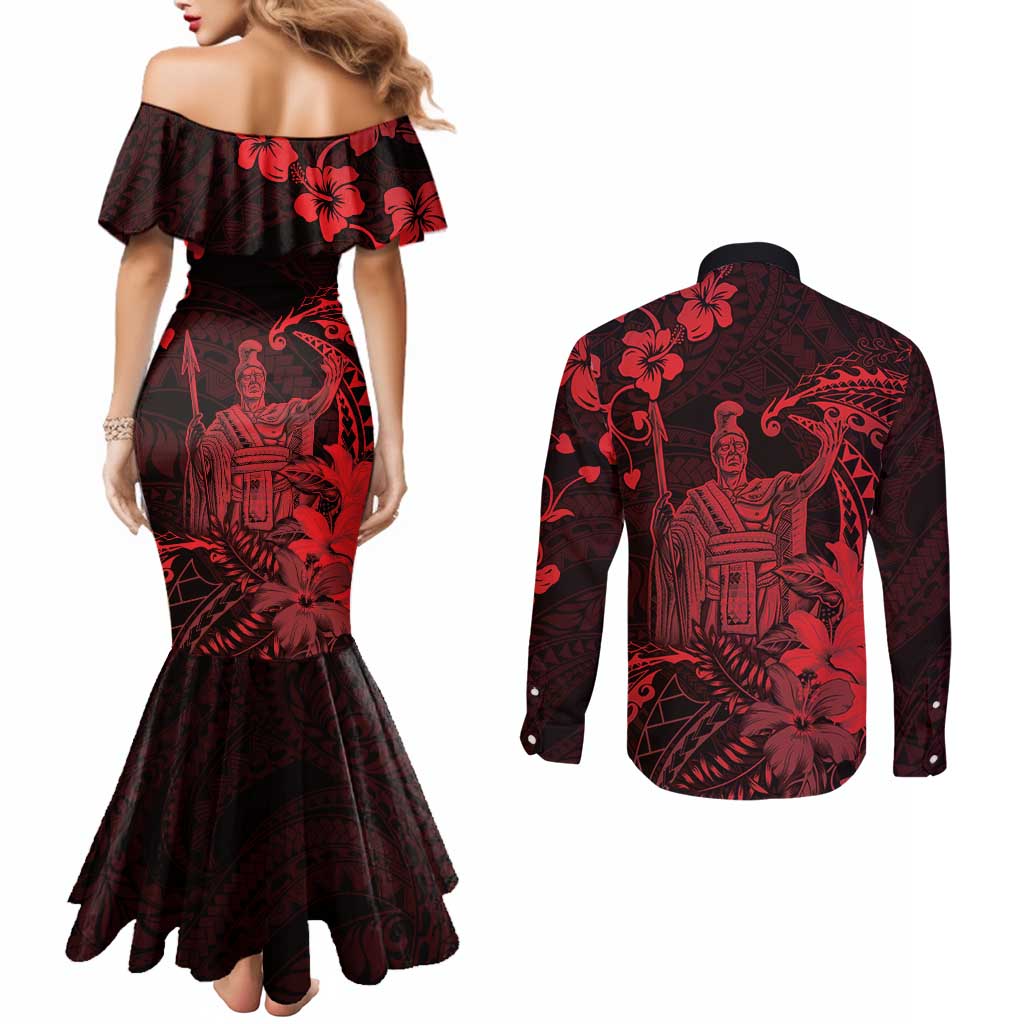 Hawaii King Kamehameha Day Couples Matching Mermaid Dress and Long Sleeve Button Shirt Polynesian Pattern Mix Hibiscus Red LT05 - Polynesian Pride