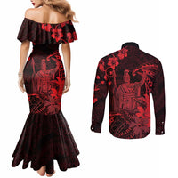 Hawaii King Kamehameha Day Couples Matching Mermaid Dress and Long Sleeve Button Shirt Polynesian Pattern Mix Hibiscus Red LT05 - Polynesian Pride