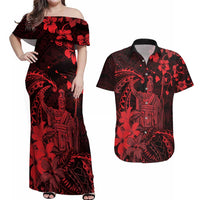 Hawaii King Kamehameha Day Couples Matching Off Shoulder Maxi Dress and Hawaiian Shirt Polynesian Pattern Mix Hibiscus Red LT05 Red - Polynesian Pride