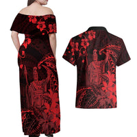 Hawaii King Kamehameha Day Couples Matching Off Shoulder Maxi Dress and Hawaiian Shirt Polynesian Pattern Mix Hibiscus Red LT05 - Polynesian Pride