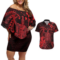 Hawaii King Kamehameha Day Couples Matching Off Shoulder Short Dress and Hawaiian Shirt Polynesian Pattern Mix Hibiscus Red LT05 Red - Polynesian Pride
