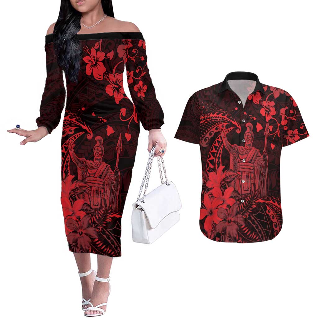 Hawaii King Kamehameha Day Couples Matching Off The Shoulder Long Sleeve Dress and Hawaiian Shirt Polynesian Pattern Mix Hibiscus Red