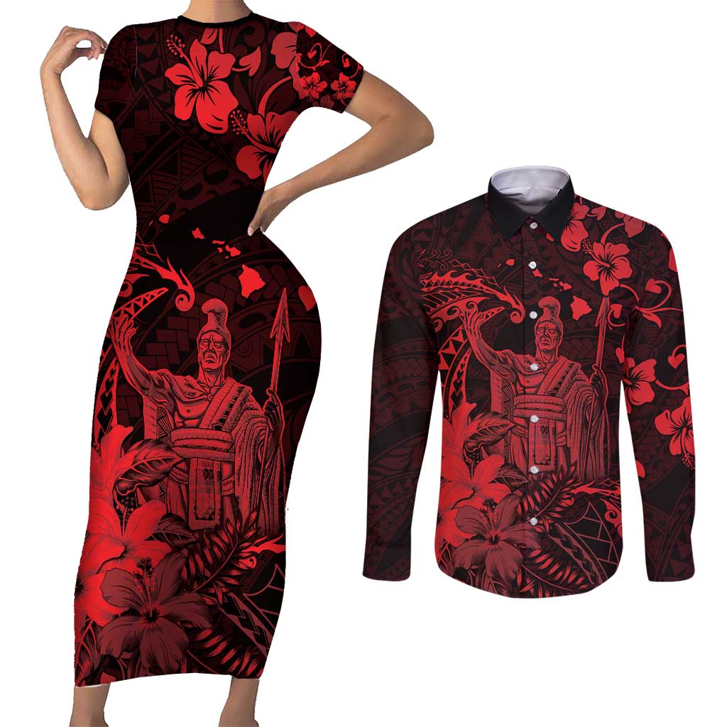 Hawaii King Kamehameha Day Couples Matching Short Sleeve Bodycon Dress and Long Sleeve Button Shirt Polynesian Pattern Mix Hibiscus Red LT05 Red - Polynesian Pride