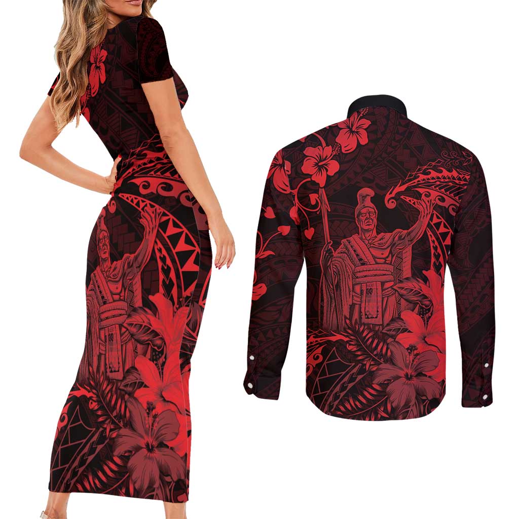 Hawaii King Kamehameha Day Couples Matching Short Sleeve Bodycon Dress and Long Sleeve Button Shirt Polynesian Pattern Mix Hibiscus Red LT05 - Polynesian Pride