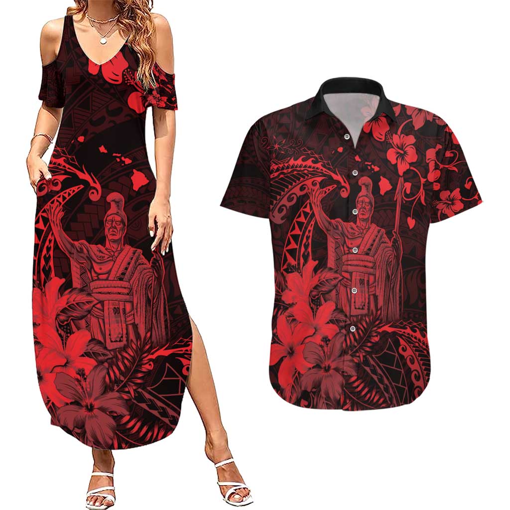 Hawaii King Kamehameha Day Couples Matching Summer Maxi Dress and Hawaiian Shirt Polynesian Pattern Mix Hibiscus Red LT05 Red - Polynesian Pride