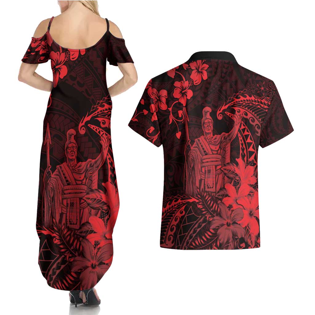 Hawaii King Kamehameha Day Couples Matching Summer Maxi Dress and Hawaiian Shirt Polynesian Pattern Mix Hibiscus Red LT05 - Polynesian Pride