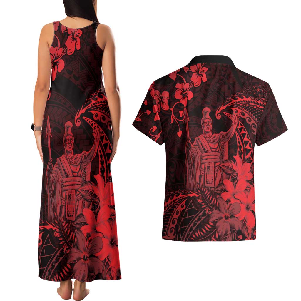 Hawaii King Kamehameha Day Couples Matching Tank Maxi Dress and Hawaiian Shirt Polynesian Pattern Mix Hibiscus Red LT05 - Polynesian Pride