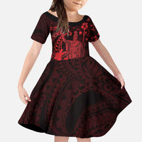 Hawaii King Kamehameha Day Family Matching Long Sleeve Bodycon Dress and Hawaiian Shirt Polynesian Pattern Mix Hibiscus Red
