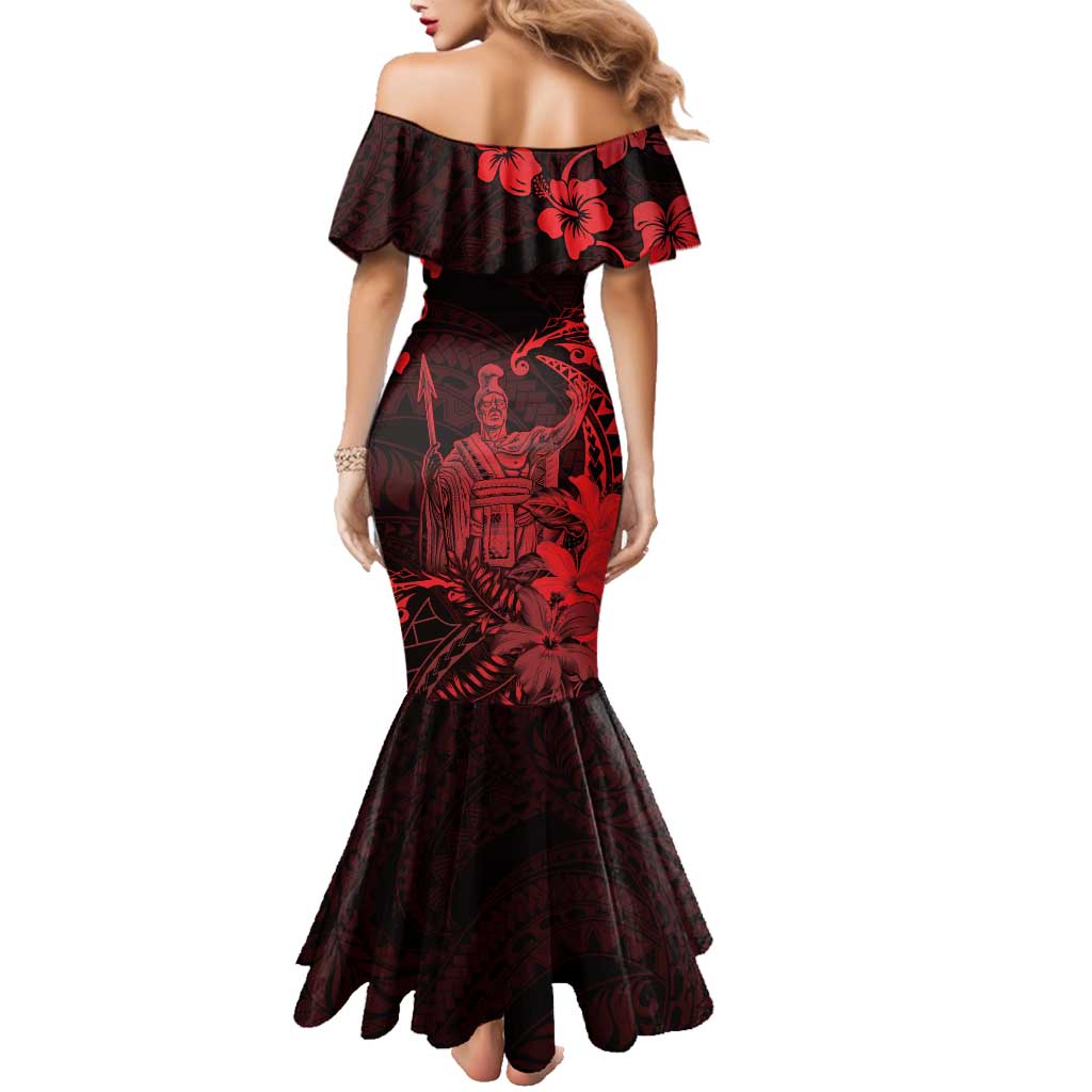 Hawaii King Kamehameha Day Family Matching Mermaid Dress and Hawaiian Shirt Polynesian Pattern Mix Hibiscus Red