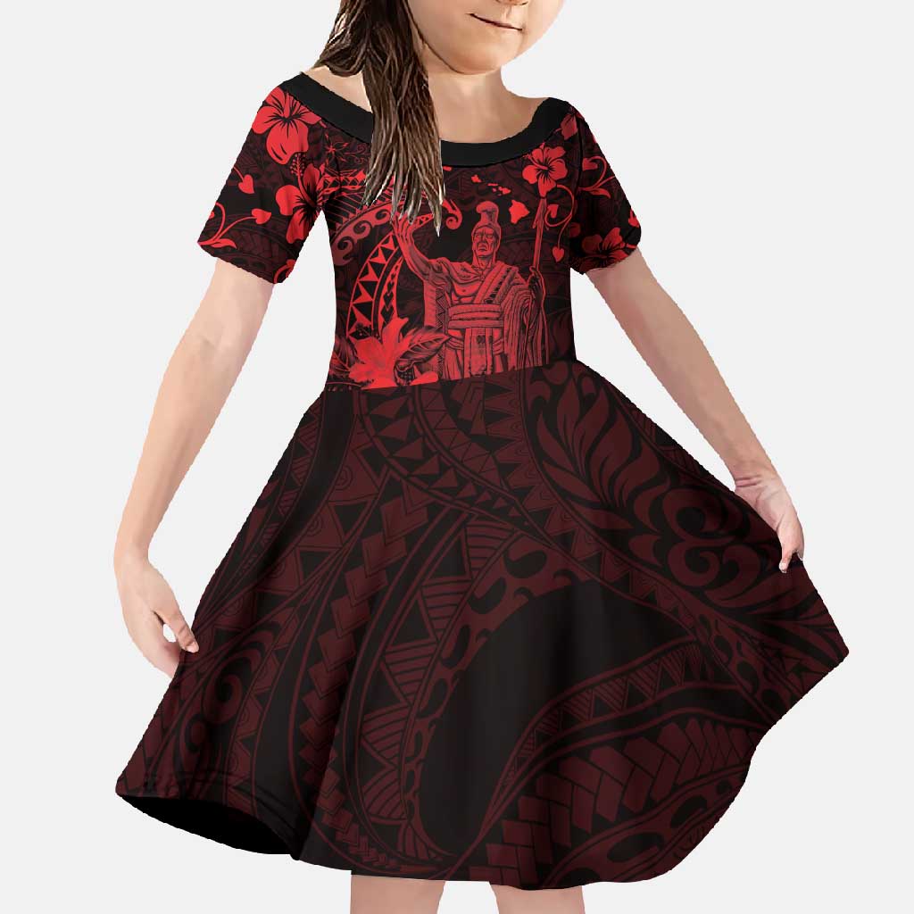Hawaii King Kamehameha Day Family Matching Off Shoulder Maxi Dress and Hawaiian Shirt Polynesian Pattern Mix Hibiscus Red